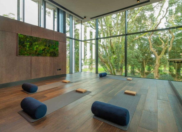 Sunlit spa yoga studio with mats, bolsters and blocks overlooking mature trees at Adare, County Limerick, Ireland, 5-star luxury