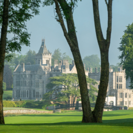 A picturesque aerial view of a grand manor house surrounded by lush green gardens and trees, with a river running alongside and a clear blue sky overhead.