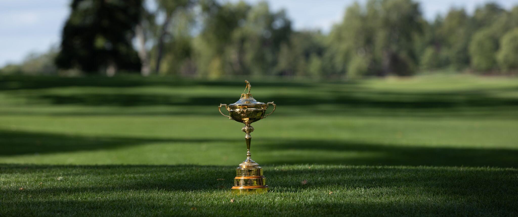 Gleaming trophy on manicured fairway at a 5-star luxury golf resort, sunlit Irish country estate lawn in Adare, County Limerick, Ireland